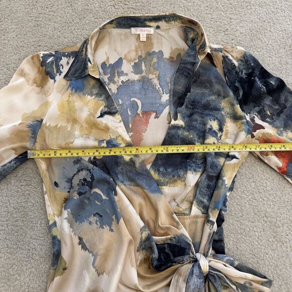 Luxxel Long Sleeve Satin Colorful Wrap Mini Dress Size S Abstract Fall Wedding - Picture 6 of 10